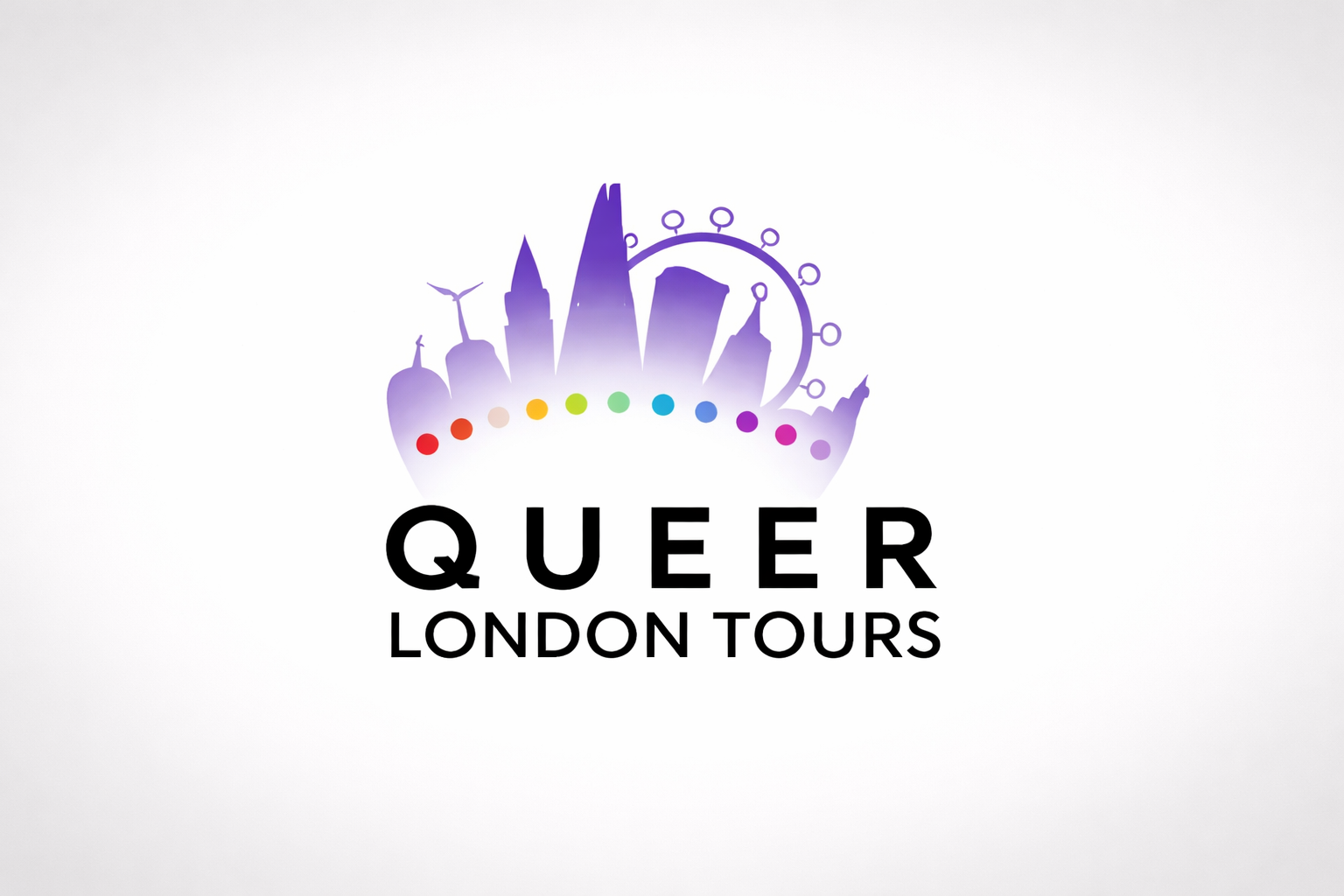 Logo for Queer London Tours featuring a stylized skyline of London with rainbow dots and the words 'QUEER LONDON TOURS' in bold black text.