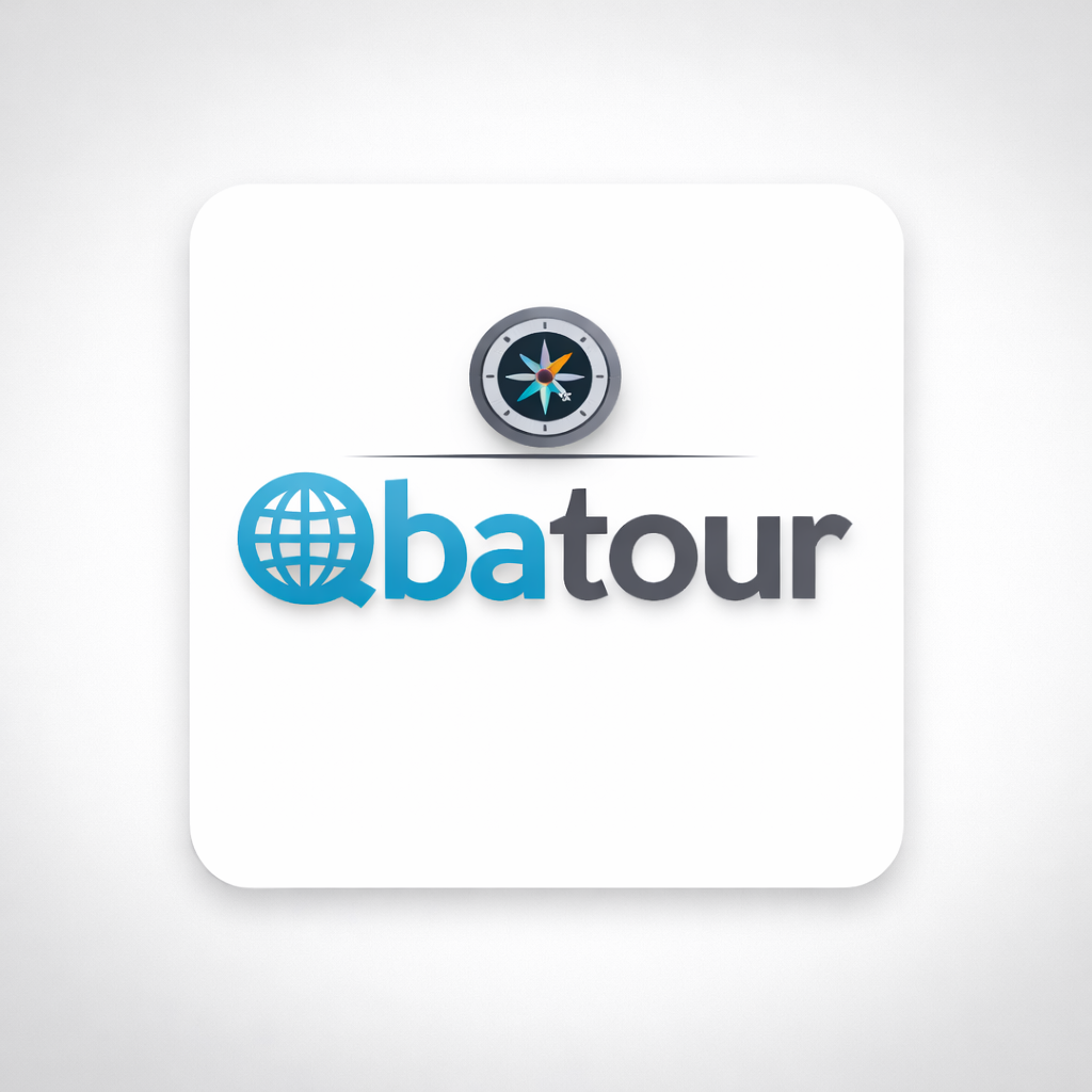 Logo for Qbatour featuring a globe with a stylized compass at the top, with the text 'Qbatour' in blue and black.