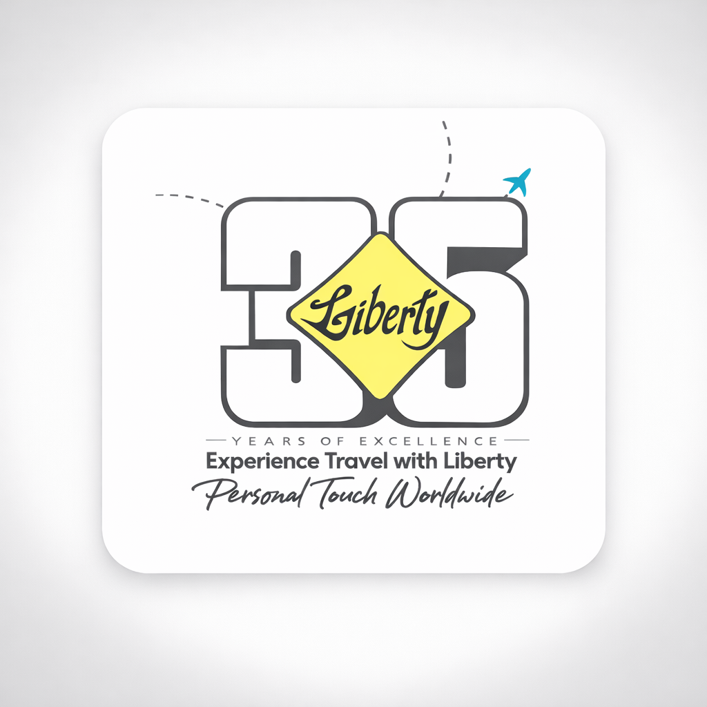 Logo with the number 35, a yellow diamond with the word Liberty, and a blue airplane icon, celebrating 35 years of Liberty travel.