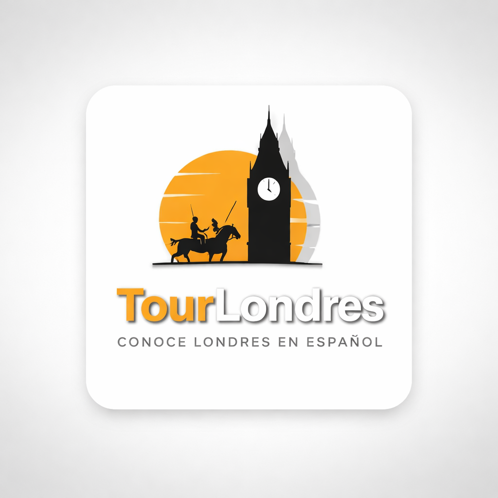 Logo for Tour Londres with silhouettes of Big Ben, a person on horseback, and a sunset background. Text: Tour Londres, Conhe Londres em Espanol.