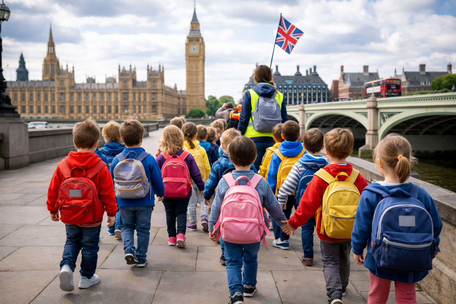 A group of children with colorful backpacks walking along a riverbank in London, with Big Ben and the Houses of Parliament in the background.