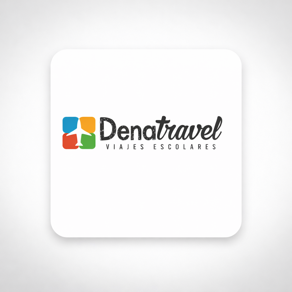Logo for Denatravel, a company that specializes in school trips, with a colorful icon resembling a travel-related symbol and text in black and gray.