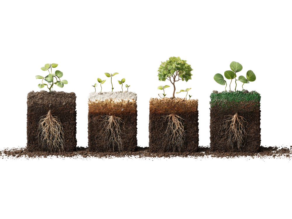 Vier Pflanzen in Erde, die ihre Wurzeln sichtbar zeigen, mit unterschiedlichen Blättern und Größen.