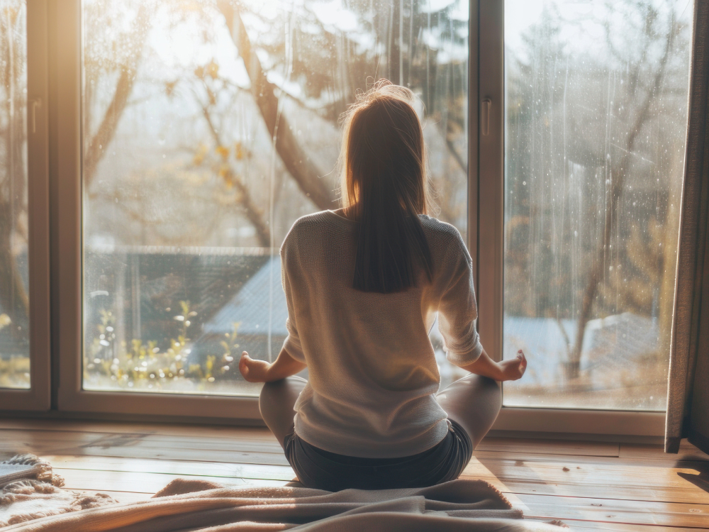Mädchen sitzt im Schneidersitz vor einem großen Fenster und betrachtet den Sonnenuntergang im Garten.