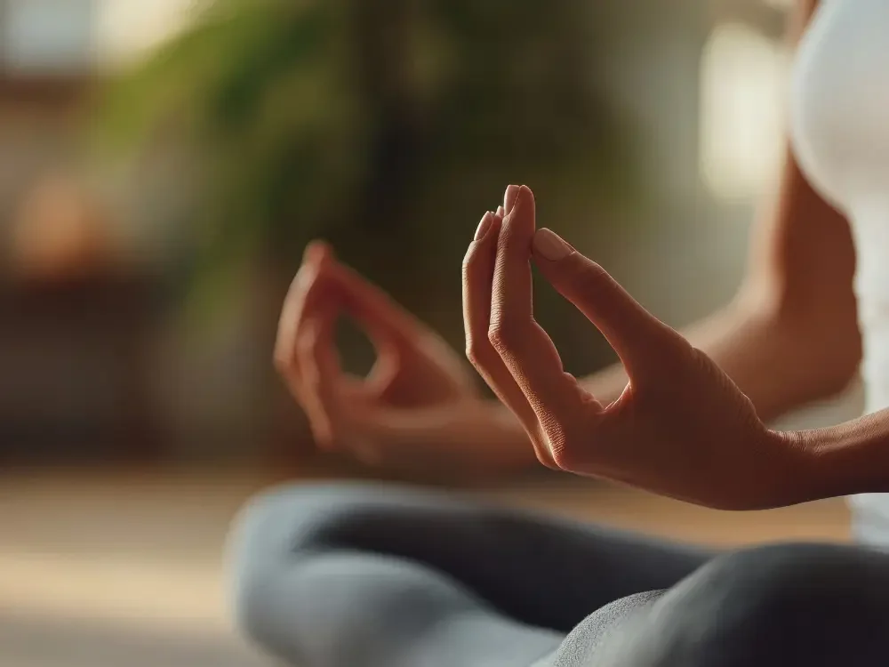 Nahaufnahme einer Person, die im Lotussitz sitzt und die Hände im Meditationsgestus hält, während sie eine Meditation durchführt. Wohlfühlkompass