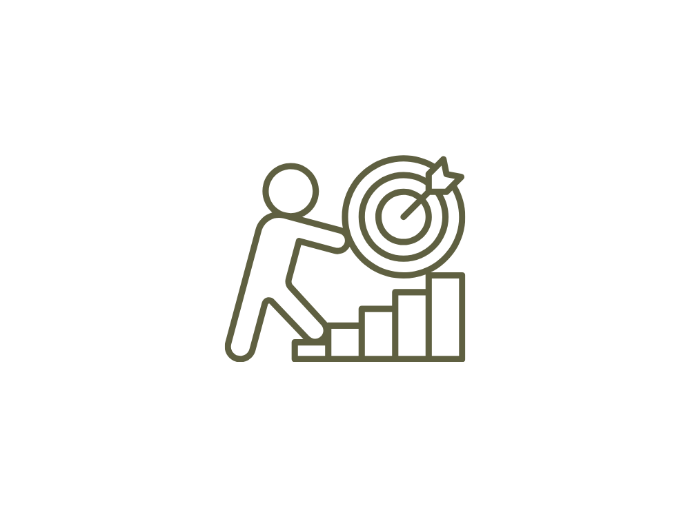 Eine Skizze eines Menschen, der auf einer Treppe nach oben steigt, einen Zielscheibenziel mit einem Pfeil erreicht und einen aufsteigenden Bar-Chart hält.