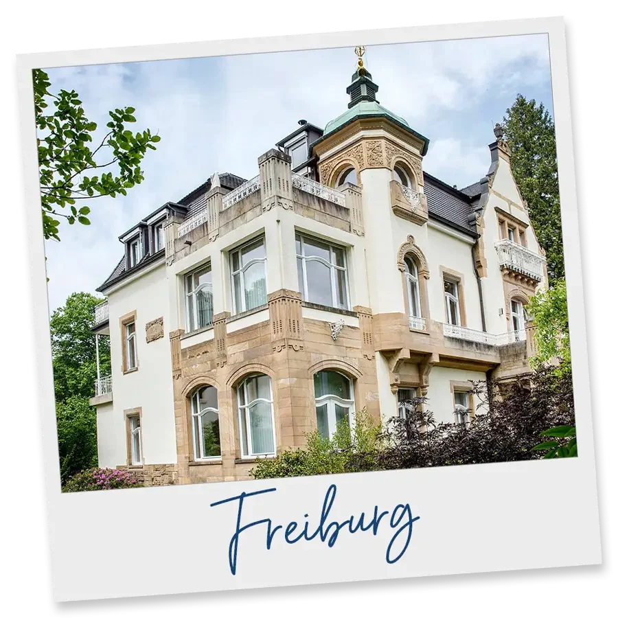 Historisches Villa in Freiburg, Deutschland, mit verzierten Fassaden und einem kleinen Turm.