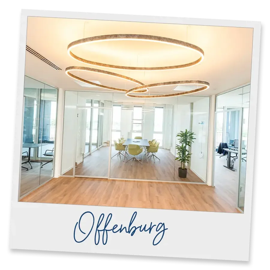 Modernes, gut ausgestattetes Konferenzzimmer mit großen Fenstern, einem runden Tisch mit sechs Stühlen, einer großen dekorativen Deckenleuchte und einer Zimmerpflanze, abgetrennt durch Glaswände, in Offenburg.