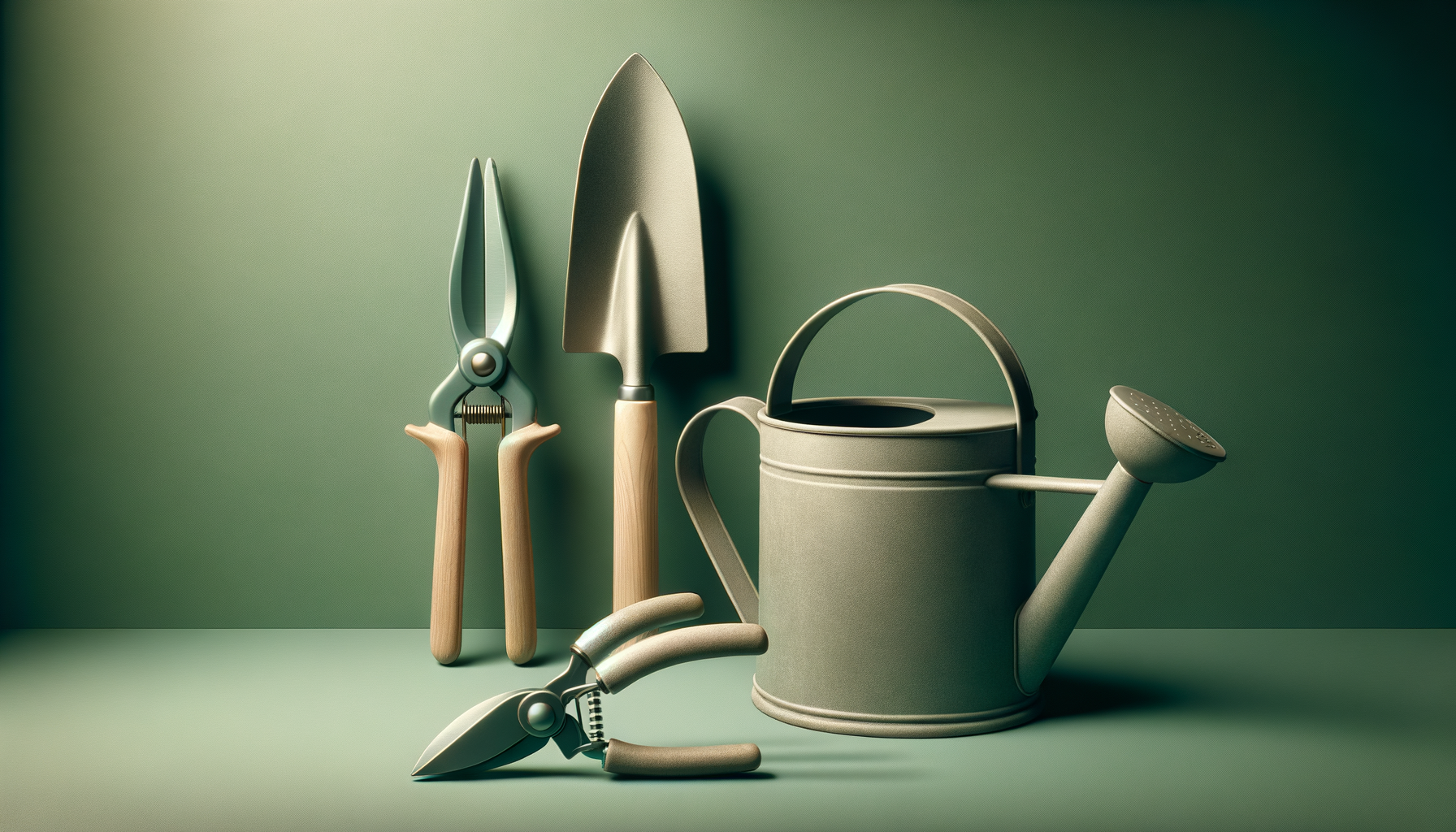 A set of gardening tools including a pair of pruning shears, a trowel, a watering can, and a hand cultivator, all arranged against a green background.