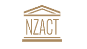 Logo with a triangular roof above the text 'NZA CT' in a gold color.