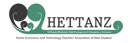 Logo of Hettanz, the Home Economics and Technology Teachers' Association of New Zealand, featuring stylized black and green swirling shapes and the organization's name.