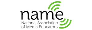 Logo of the National Association of Media Educators featuring green curved lines and text