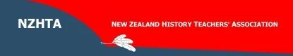 Logo of the New Zealand History Teachers' Association (NZHTA) with red, white, and blue colors and an illustration of a handshake.
