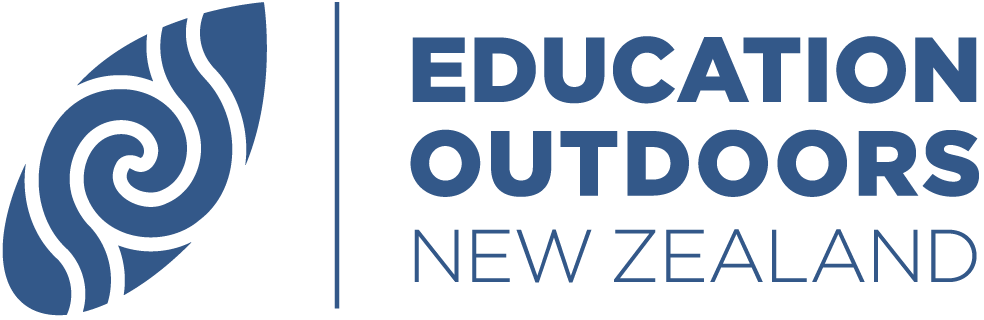 Logo for Education Outdoors New Zealand featuring a stylized fern leaf in blue.