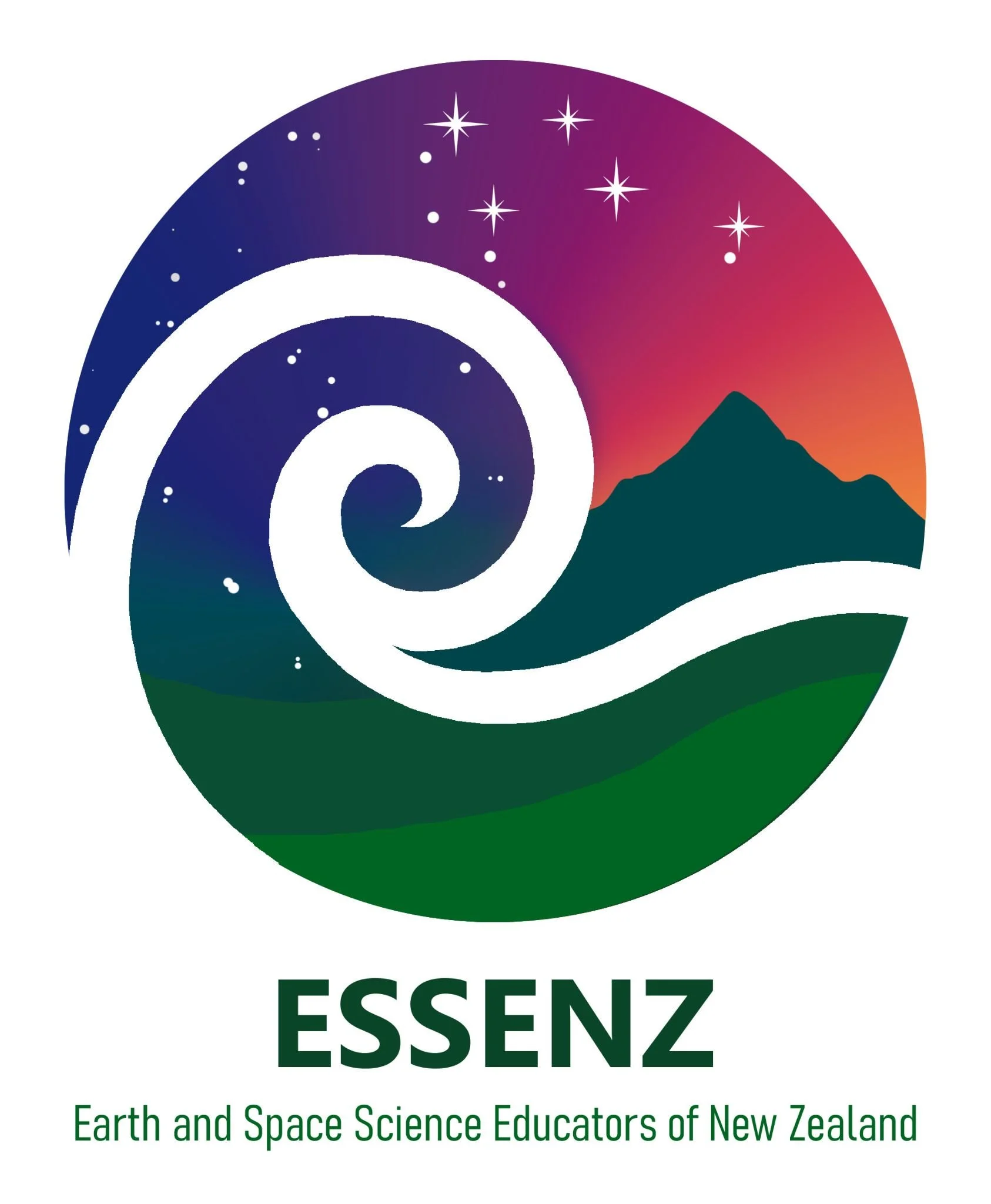 Logo for Earth and Space Science Educators of New Zealand (ESSENZ) featuring a spiral galaxy, starry sky, mountain, and ocean waves with a sunset background.