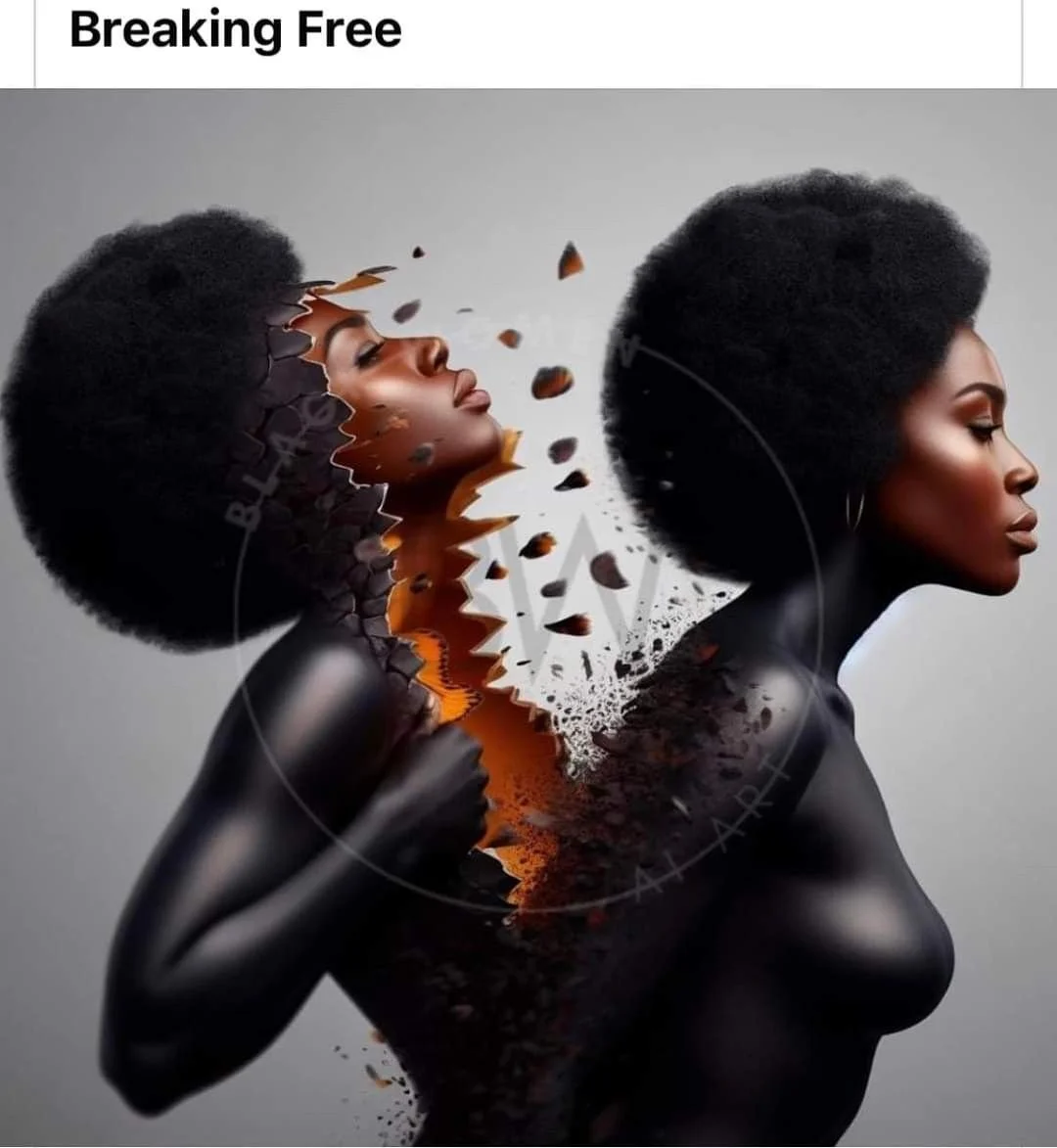 Une femme noire avec des cheveux afro, dont la moitié de la tête semble se désintégrer en morceaux et se reformer de l'autre côté, avec le texte 'Breaking Free' en haut.