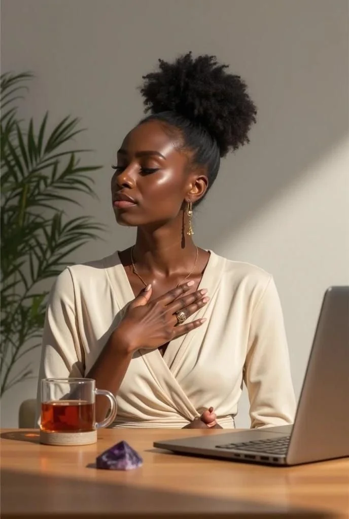 Une femme élégante , les yeux mi-clos, reprenant son souffle sereinement, apaisée, baigné de la lumière naturelle. Une femme comblée.