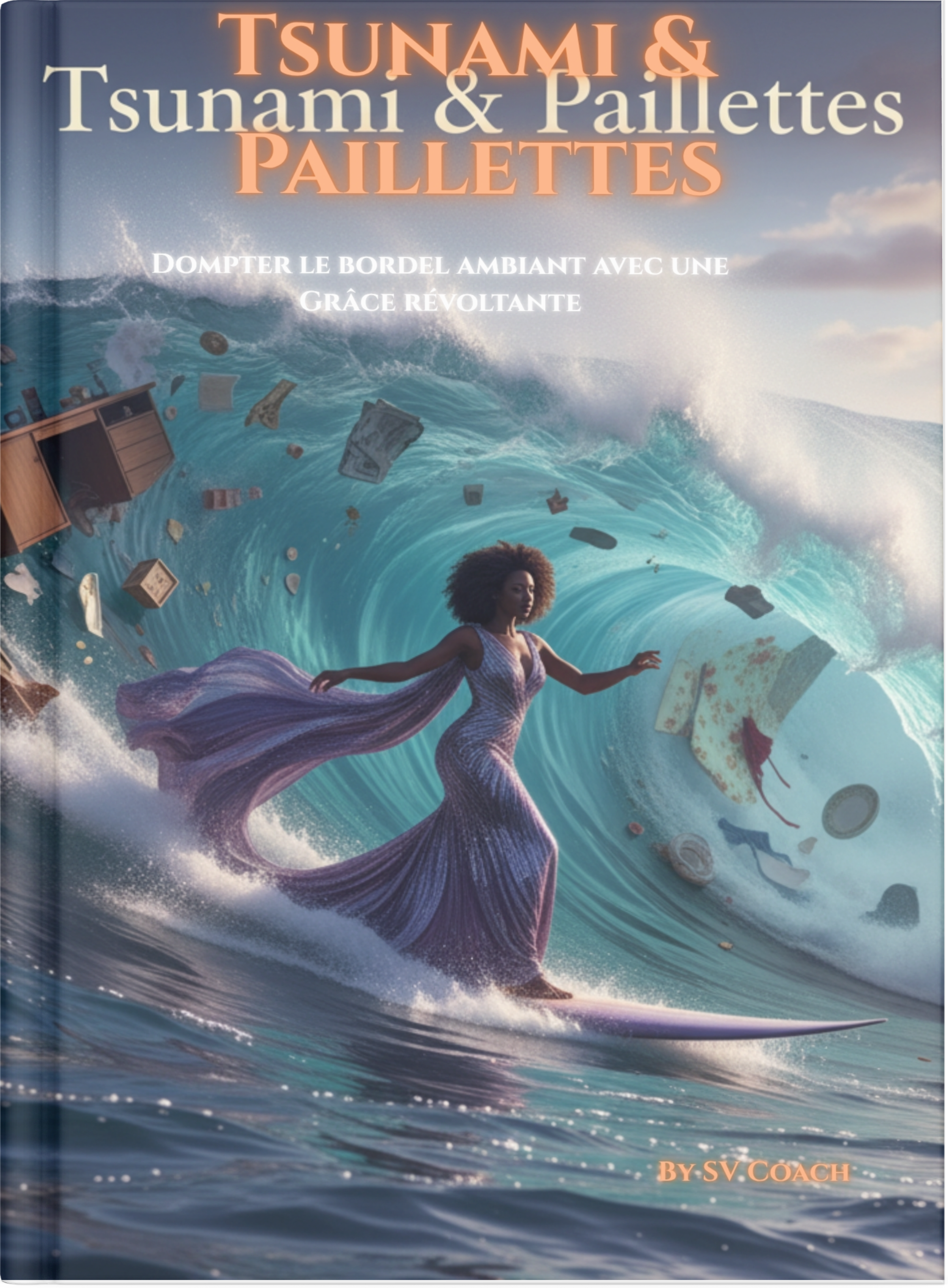 couverture ebook tsunami & paillettes femme surfeuse élégante sur une vague géante.