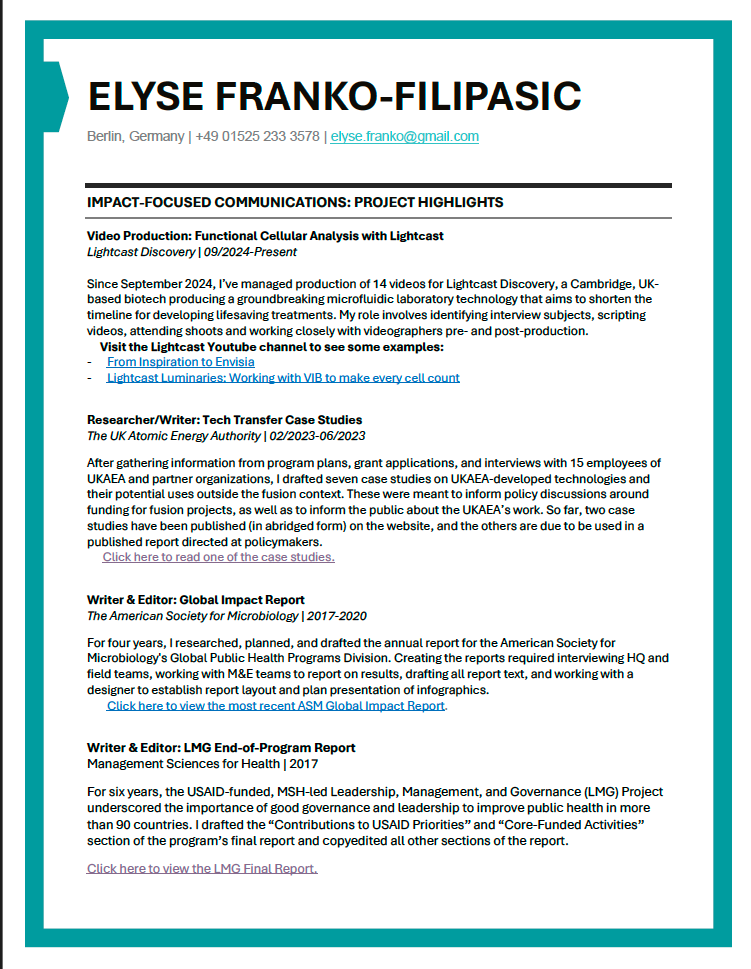 cv of Elyse Franko-Filipasic
