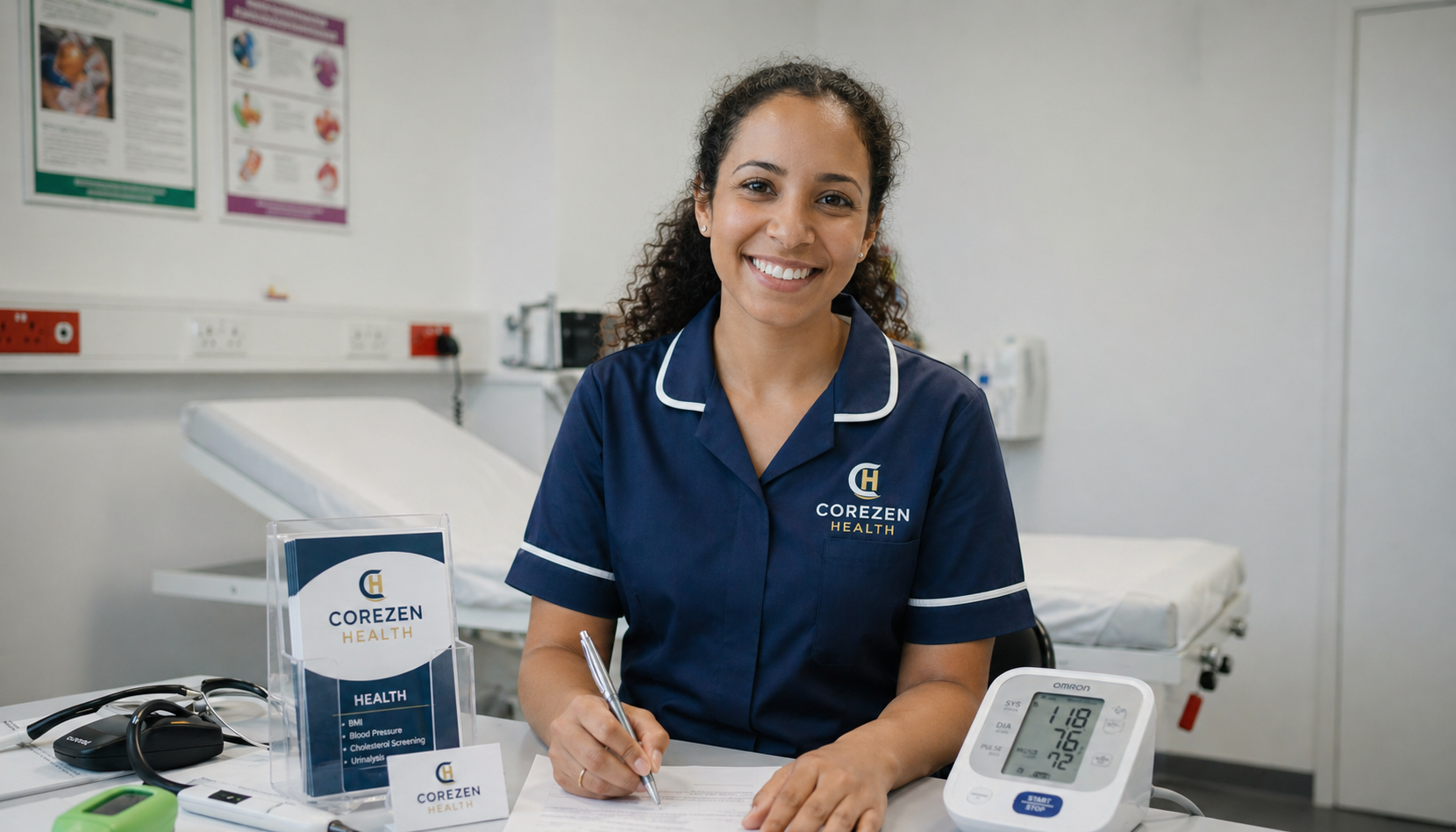 Corezen Health nurse seated with a blood pressure monitor and health information brochures