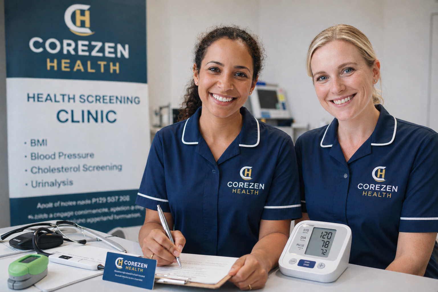 Two women in navy blue healthcare uniforms sitting at a desk with medical equipment, smiling, at Corezen Health clinic.