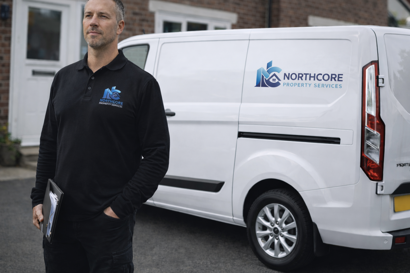 A man in a black Northcore Property Services polo shirt standing with one hand in his pocket, holding a clipboard, next to a white Northcore Property Services branded van parked outdoors in front of a brick house.