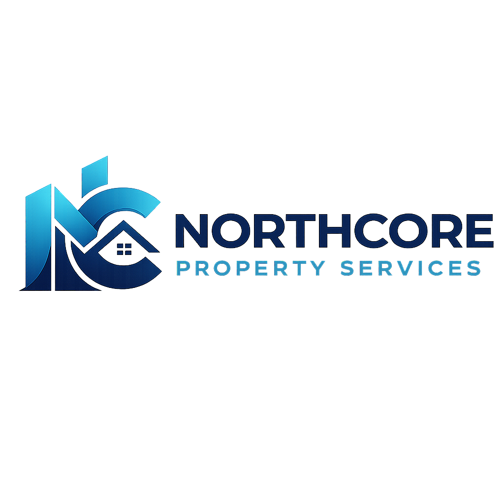 Logo for Northcore Property Services with stylized blue and green icons and text.