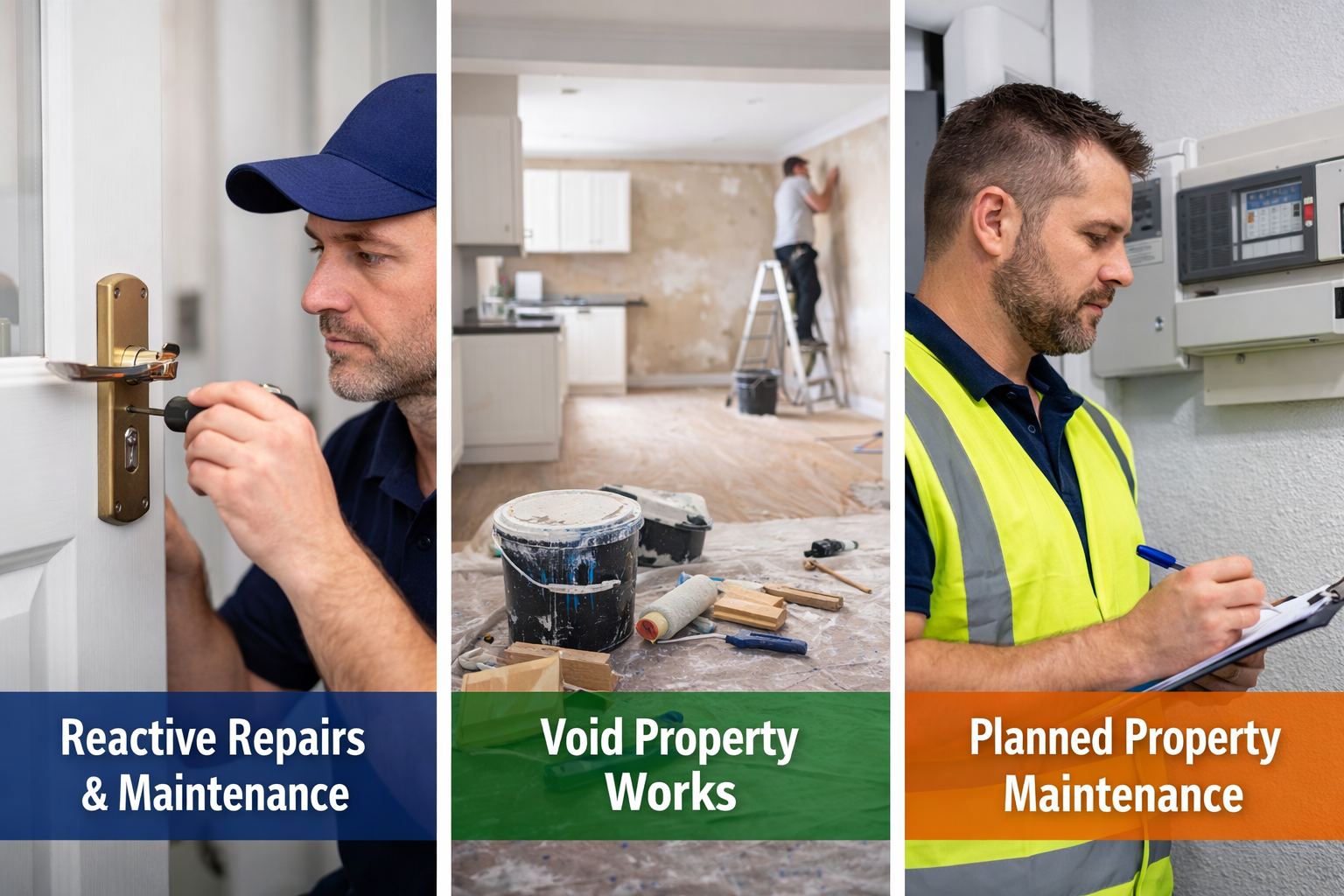 A collage showing three stages of property maintenance and repairs: a man locking a door for reactive repairs and maintenance, a room under renovation with tools and a worker on a ladder for void property works, and a man in a high-visibility vest taking notes for planned property maintenance.