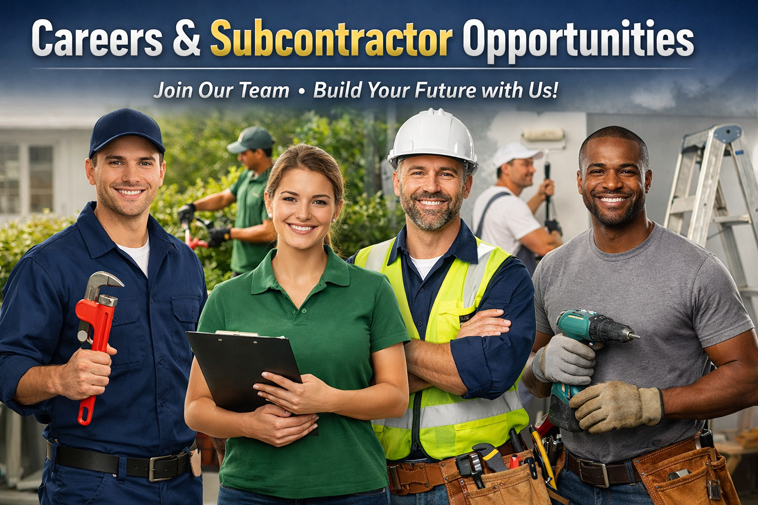 A diverse group of four smiling professionals, including construction workers and landscapers, standing outdoors and indoors, with additional workers in the background, promoting careers and subcontractor opportunities.