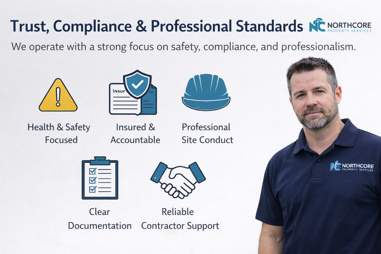 A promotional graphic for Northcore Property Services showing their core values: health and safety focus, insured and accountable, professional site conduct, clear documentation, and reliable contractor support, with a man in a Northcore uniform on the right.