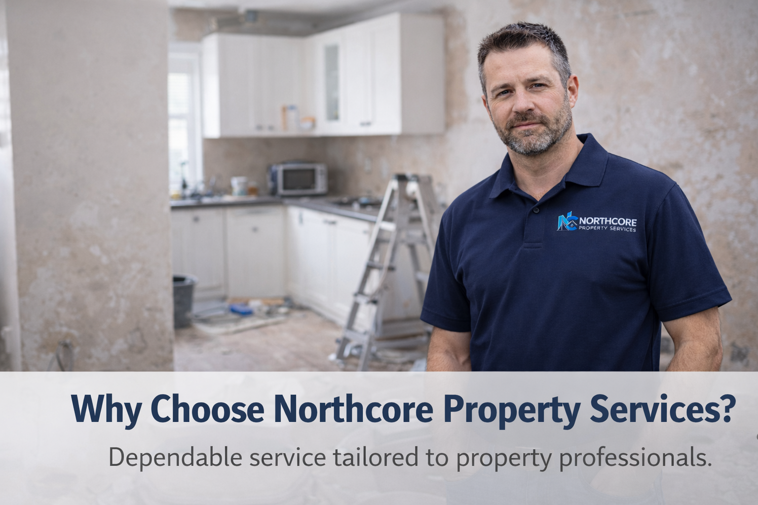 A man wearing a navy blue polo shirt with Northcore Property Services logo standing inside a kitchen that is under renovation.