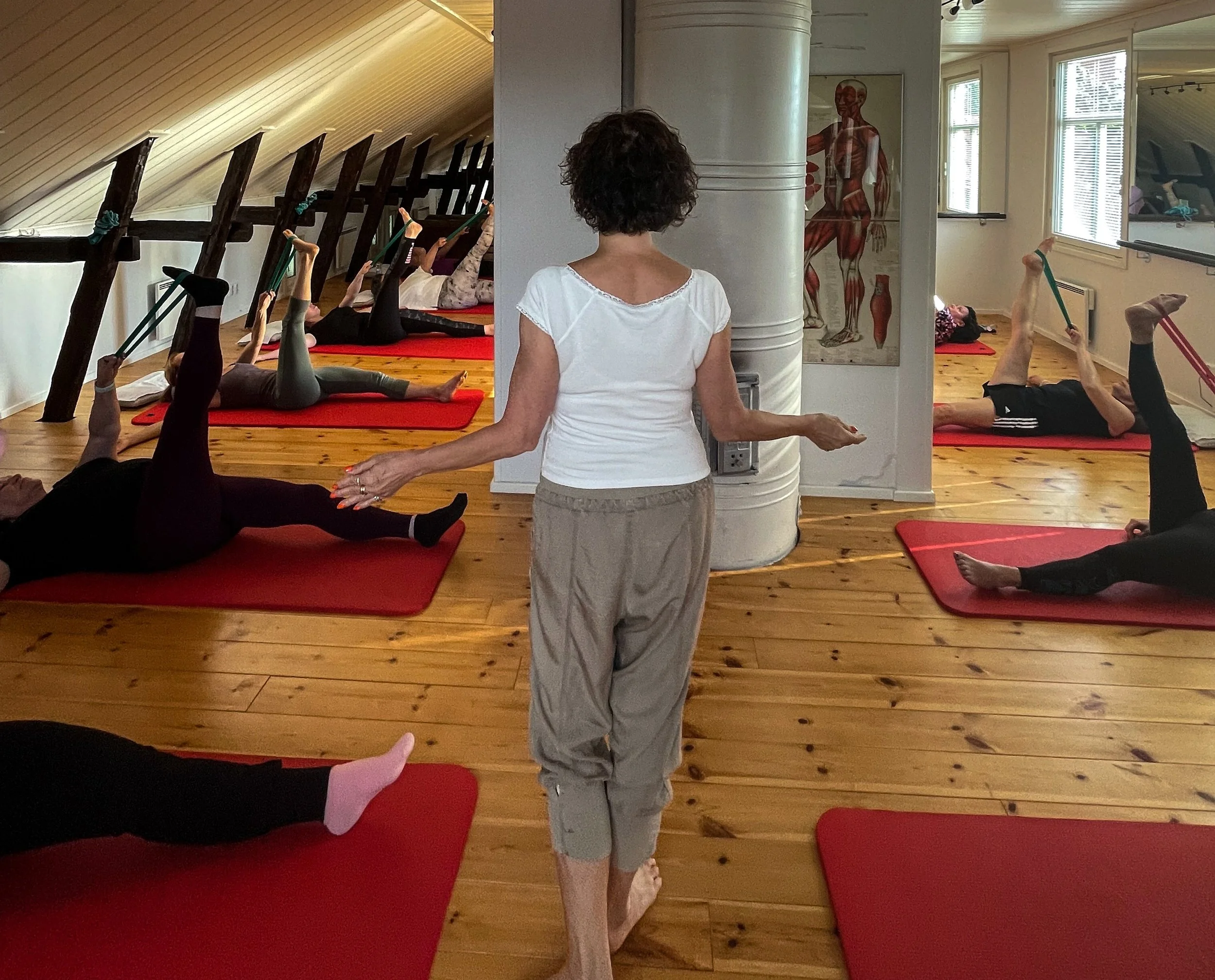 Ryhmäläiset tekevät joogaliikkeitä punaisilla matoilla tuntiopettajan opastuksella, kuvassa nainen selin ja oppaat matoilla.