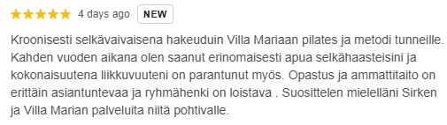 Anonyymi arvostelu Villa Marian palveluista, sisältää 4 tähteä, kuvaus selkävaivojen helpottamisesta, suosittelee Sirken ja Villa Marian palveluita.
