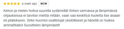 Arvostelusivulla, jossa on 5 tähteä ja teksti 'a week ago' ja 'NEW'.