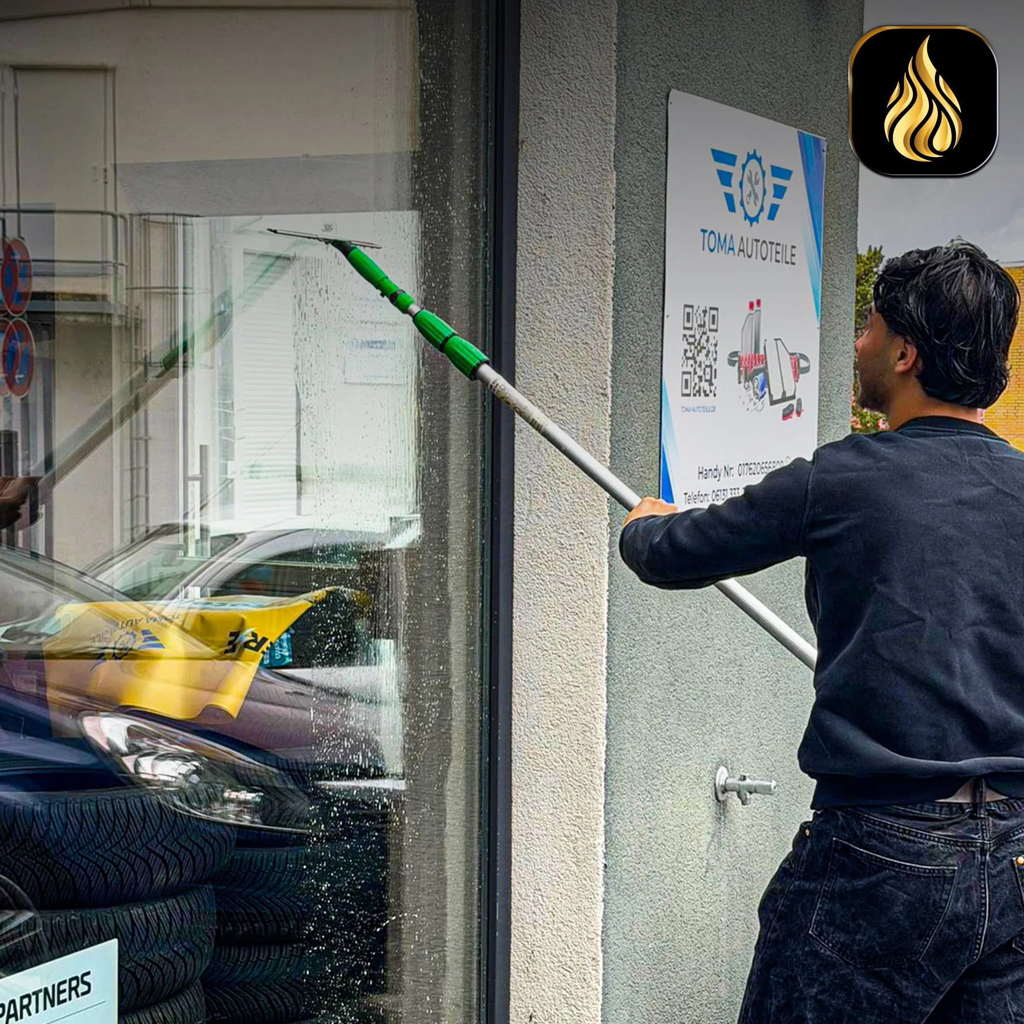 Fensterreinigung mit Teleskopstiel an Glasfläche