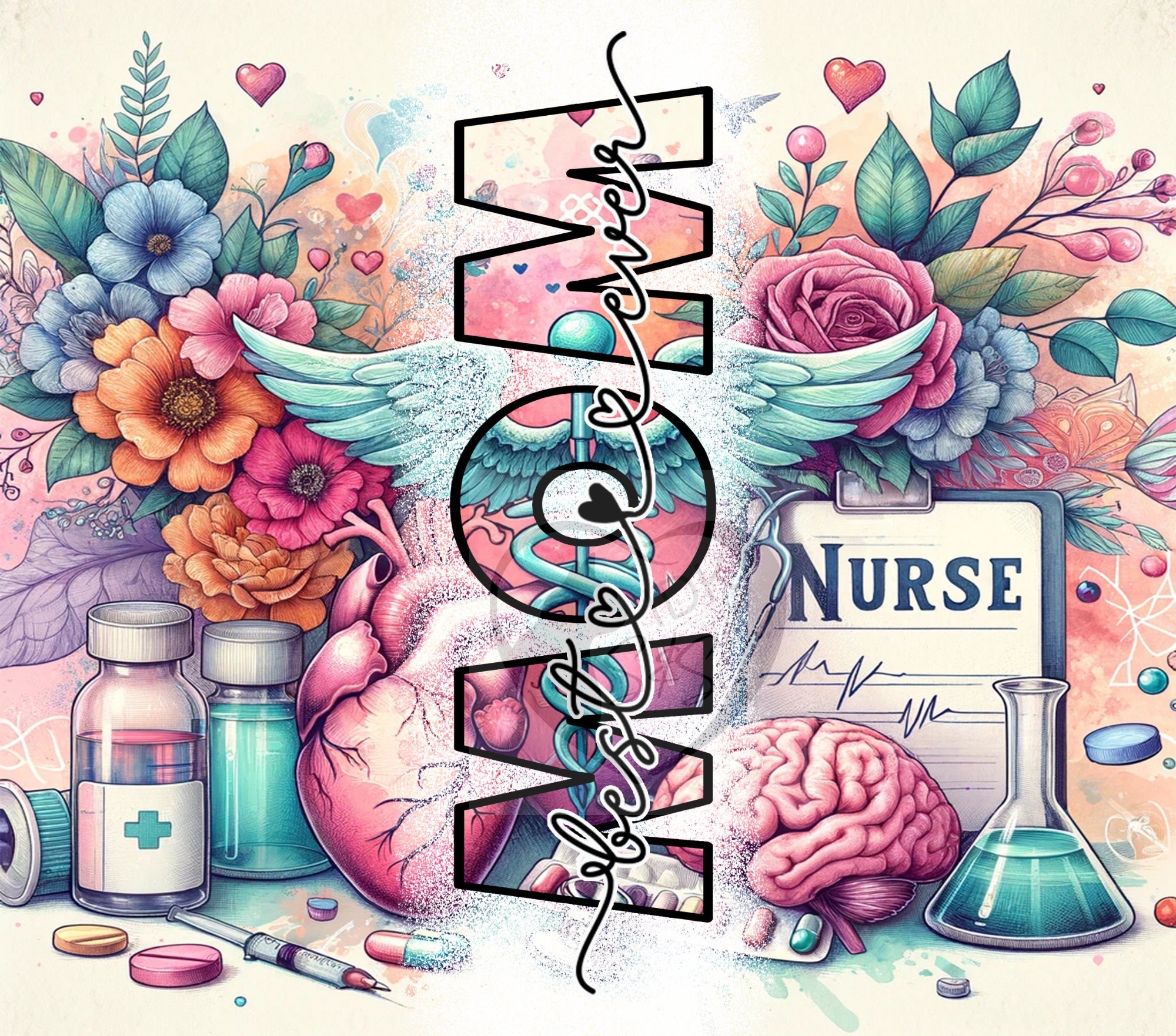 Mom Nurse Tumbler Sublimation Design, Floral 20oz Skinny Wrap (PNG)