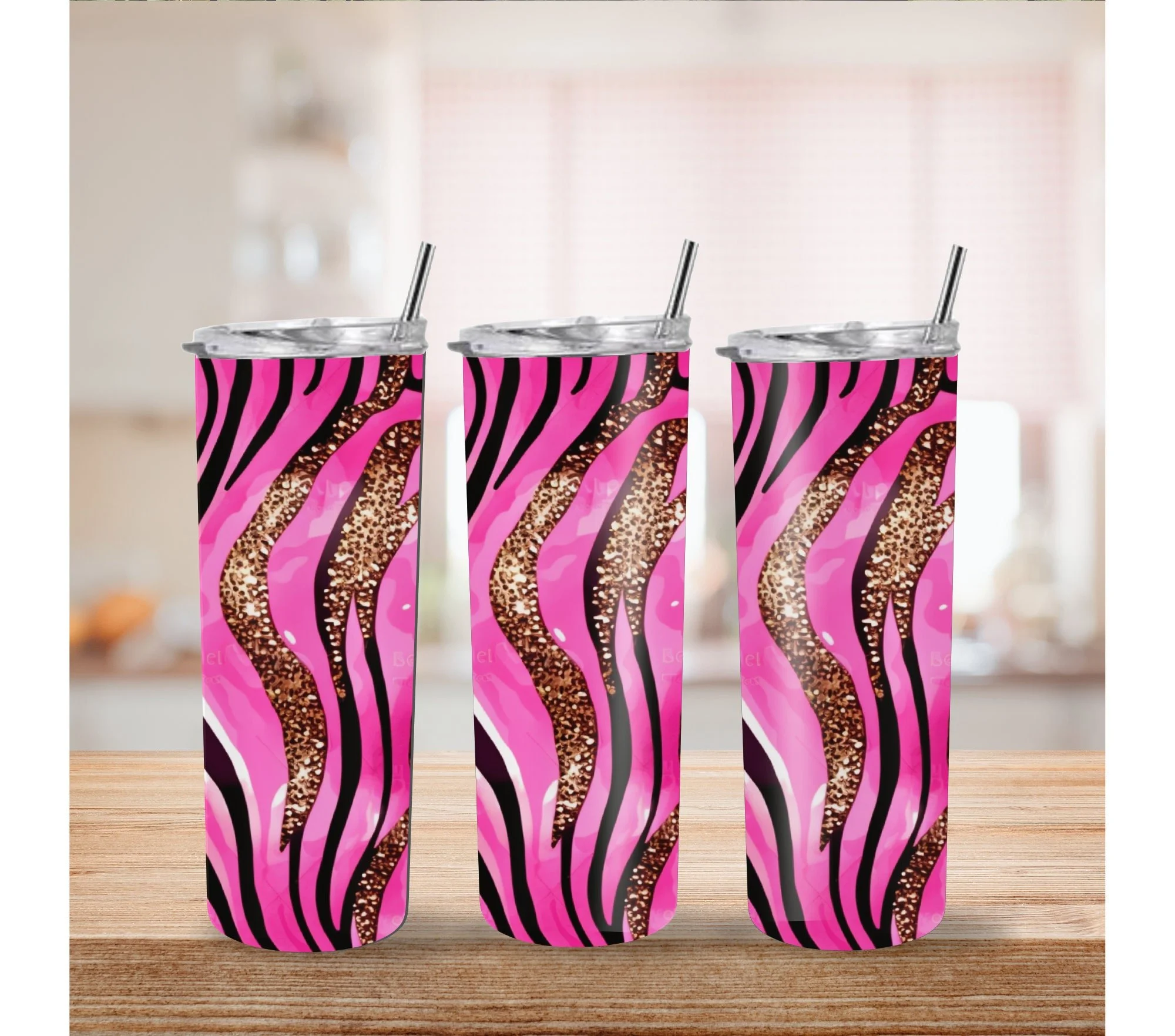 Pink and gold tiger print 20oz. Skinny Tumbler Sublimation Design Digital downloadable PNG