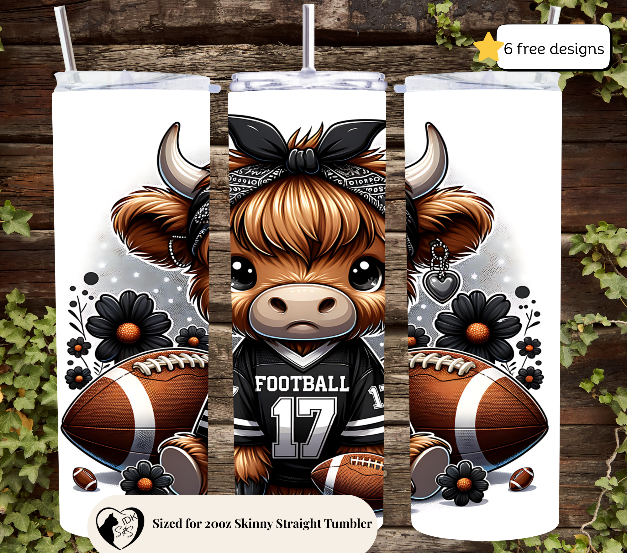Football Highland cow 20oz. Skinny Tumbler Sublimation Design Digital downloadable PNG