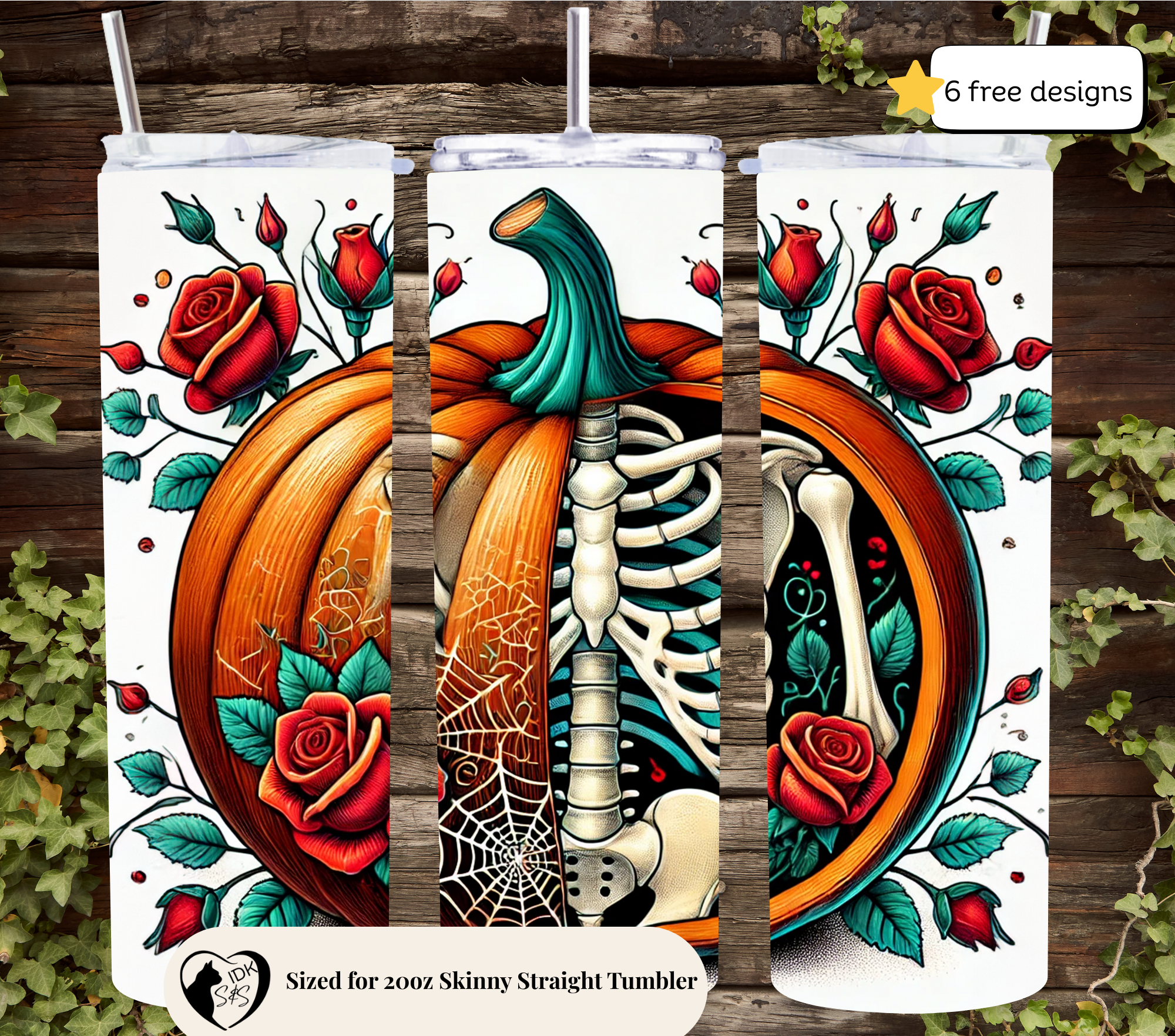 Pumpkin and skeleton 20oz. Skinny Tumbler Sublimation Design Digital downloadable PNG