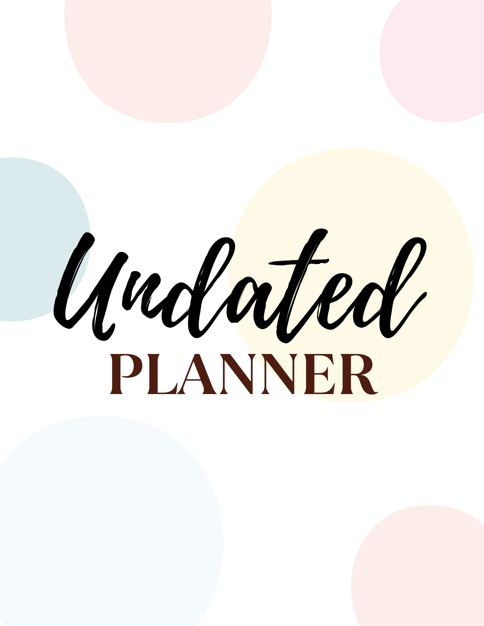 Black background with colorful circles in pink, red, yellow, blue, and teal. The words "Created Planner" written in the center with "Created" in black cursive and "PLANNER" in uppercase brown letters.
