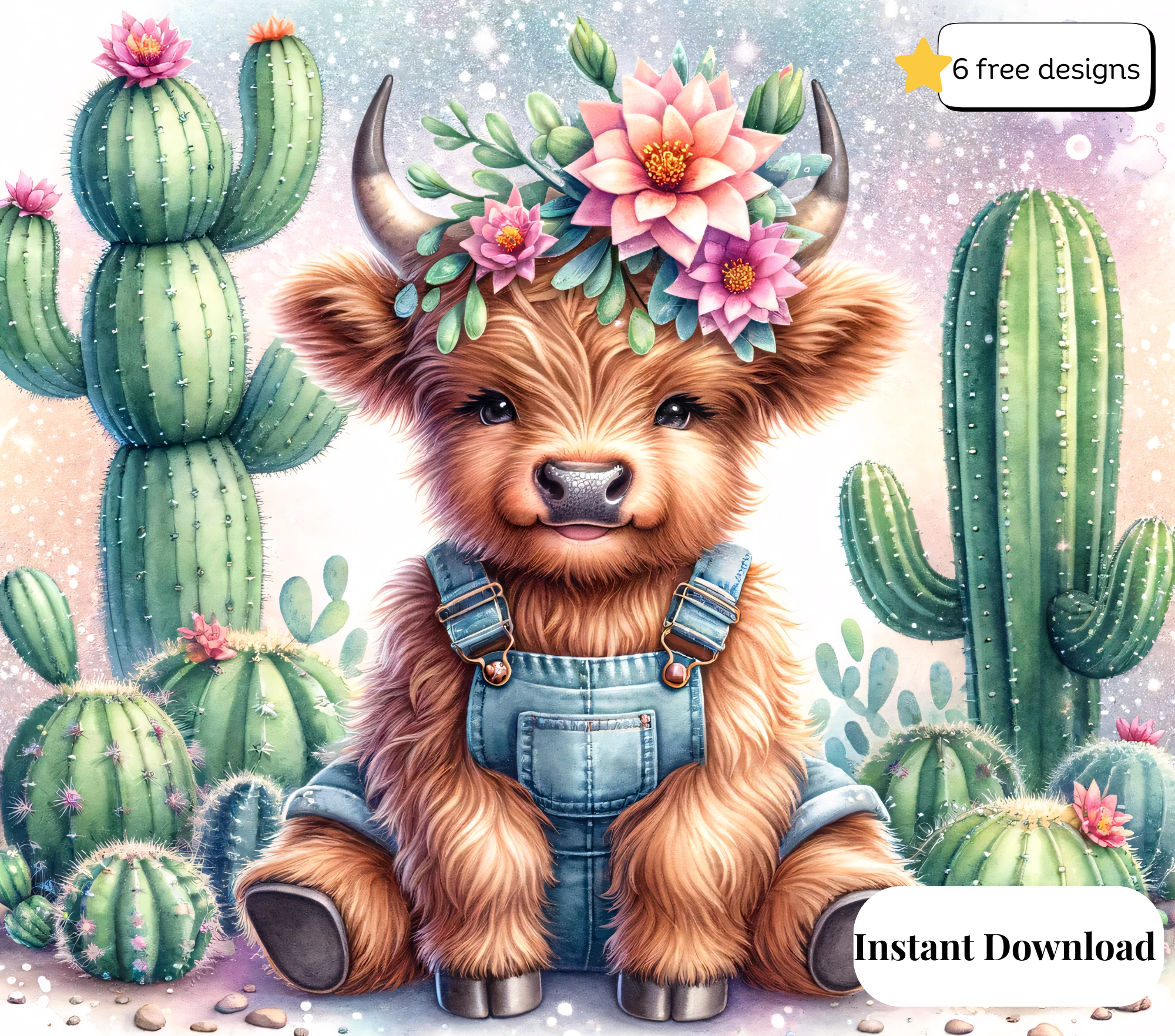 Highland Cow and cactus20oz. Skinny Tumbler Sublimation Design Digital downloadable PNG