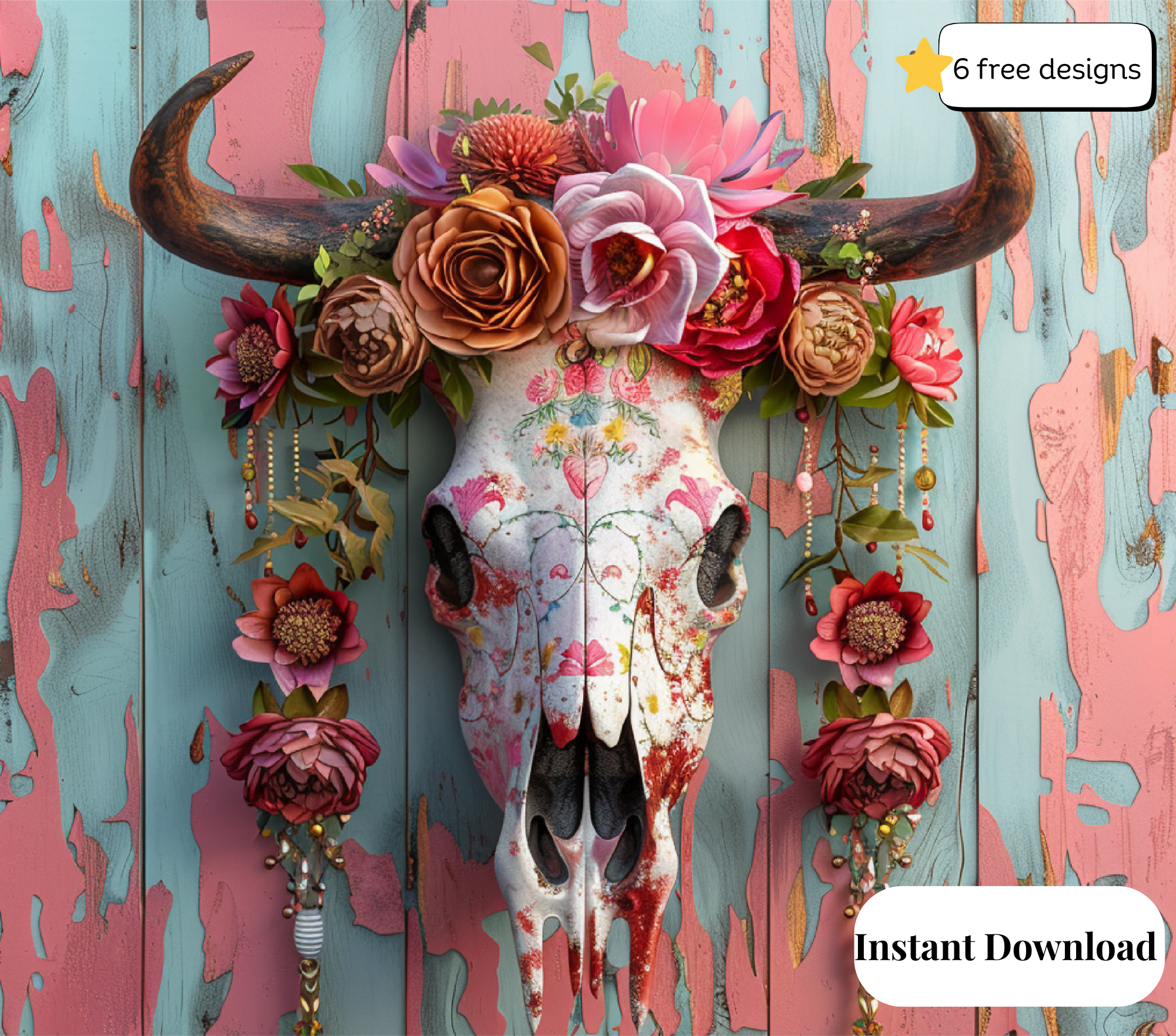 Boho cow skull 20oz. Skinny Tumbler Sublimation Design Digital downloadable PNG