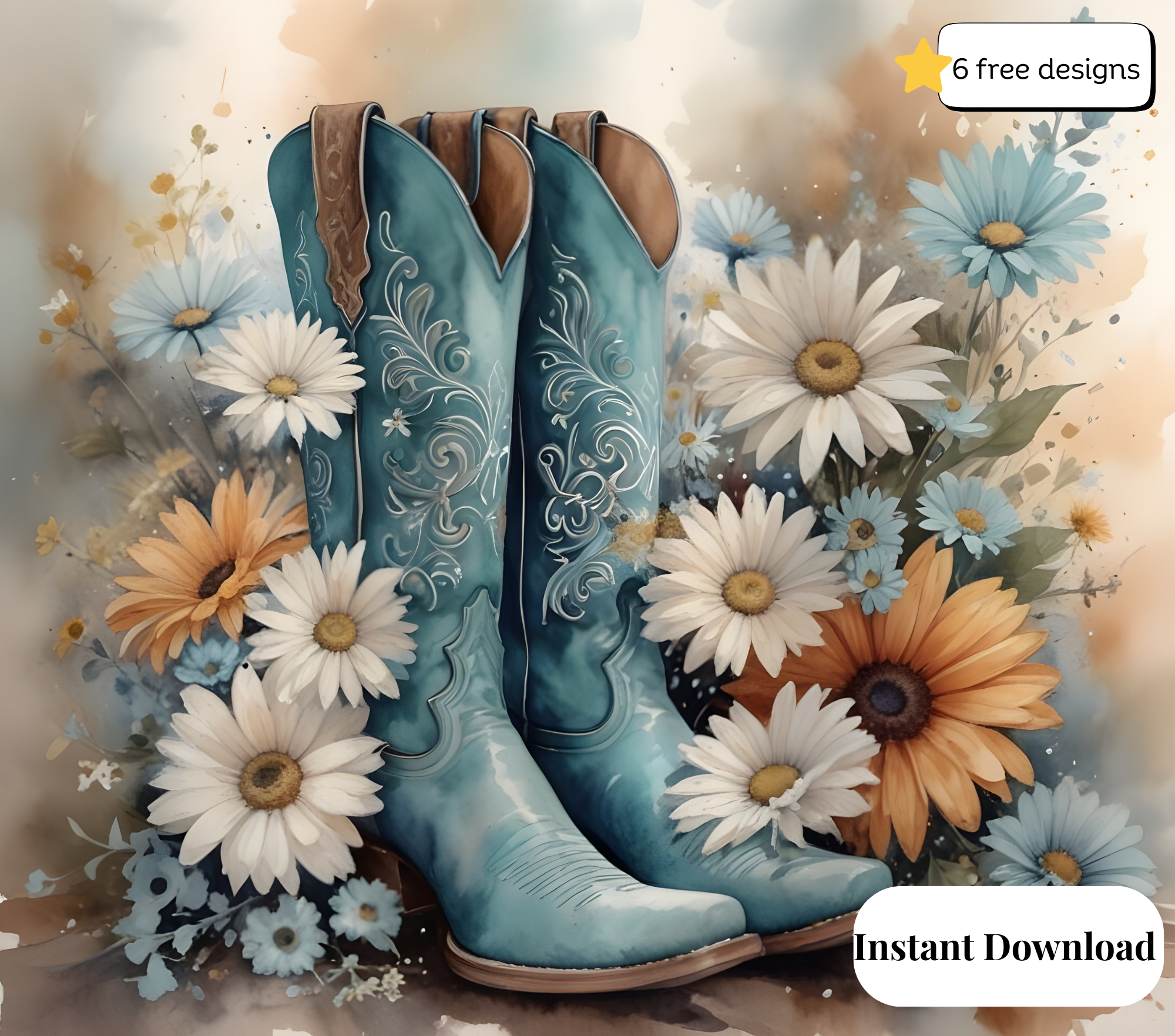Country Chic Tumbler Art: Cowboy Boots & Flowers Sublimation PNG - 20oz Wrap