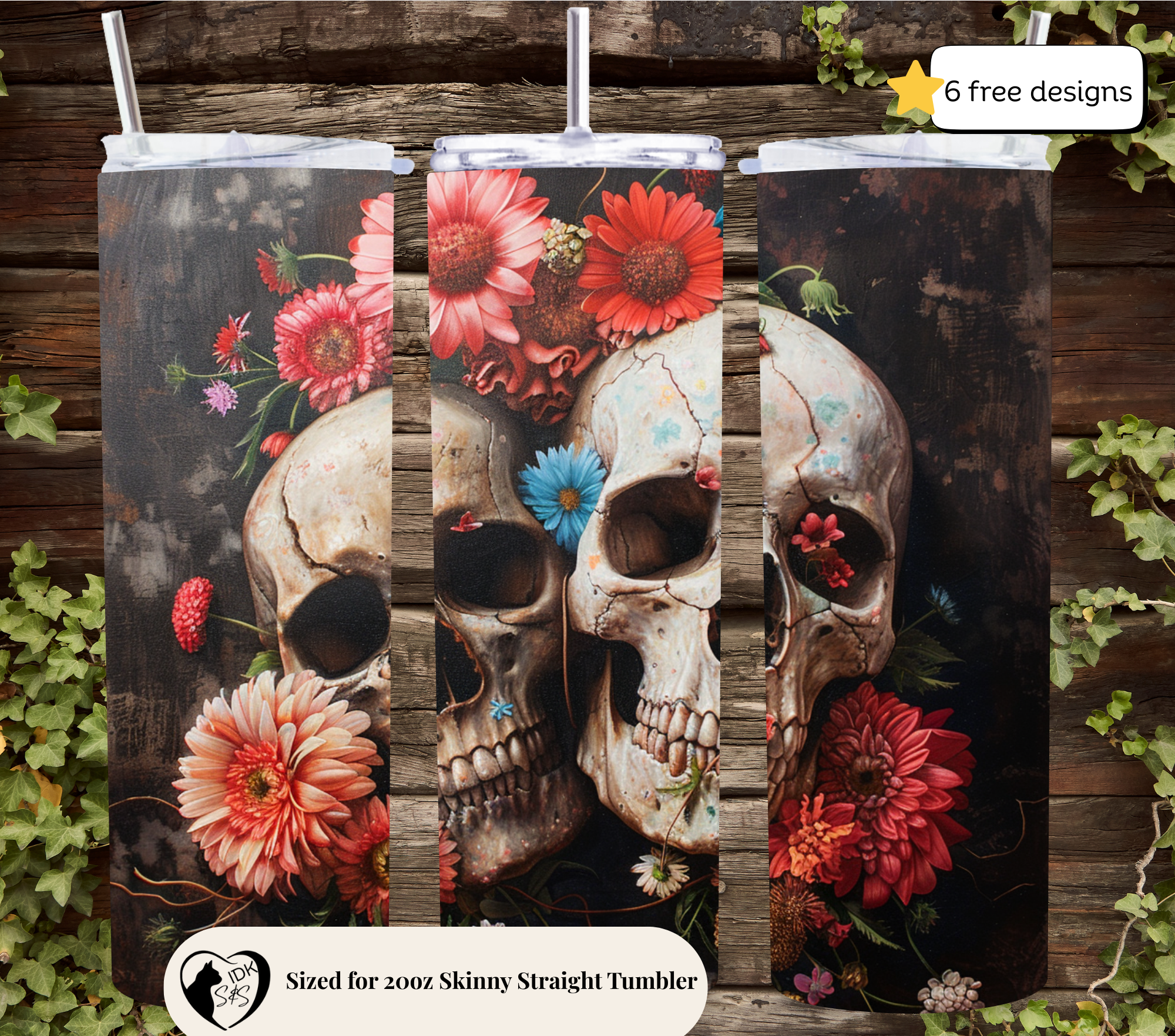 Skull 20oz. Skinny Tumbler Sublimation Design Digital downloadable PNG
