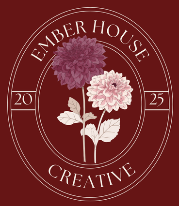 A logo with two large flowers, one purple and one white, surrounded by an oval border with the text 'Ember House Creative' and the year '2025' on a burgundy background.