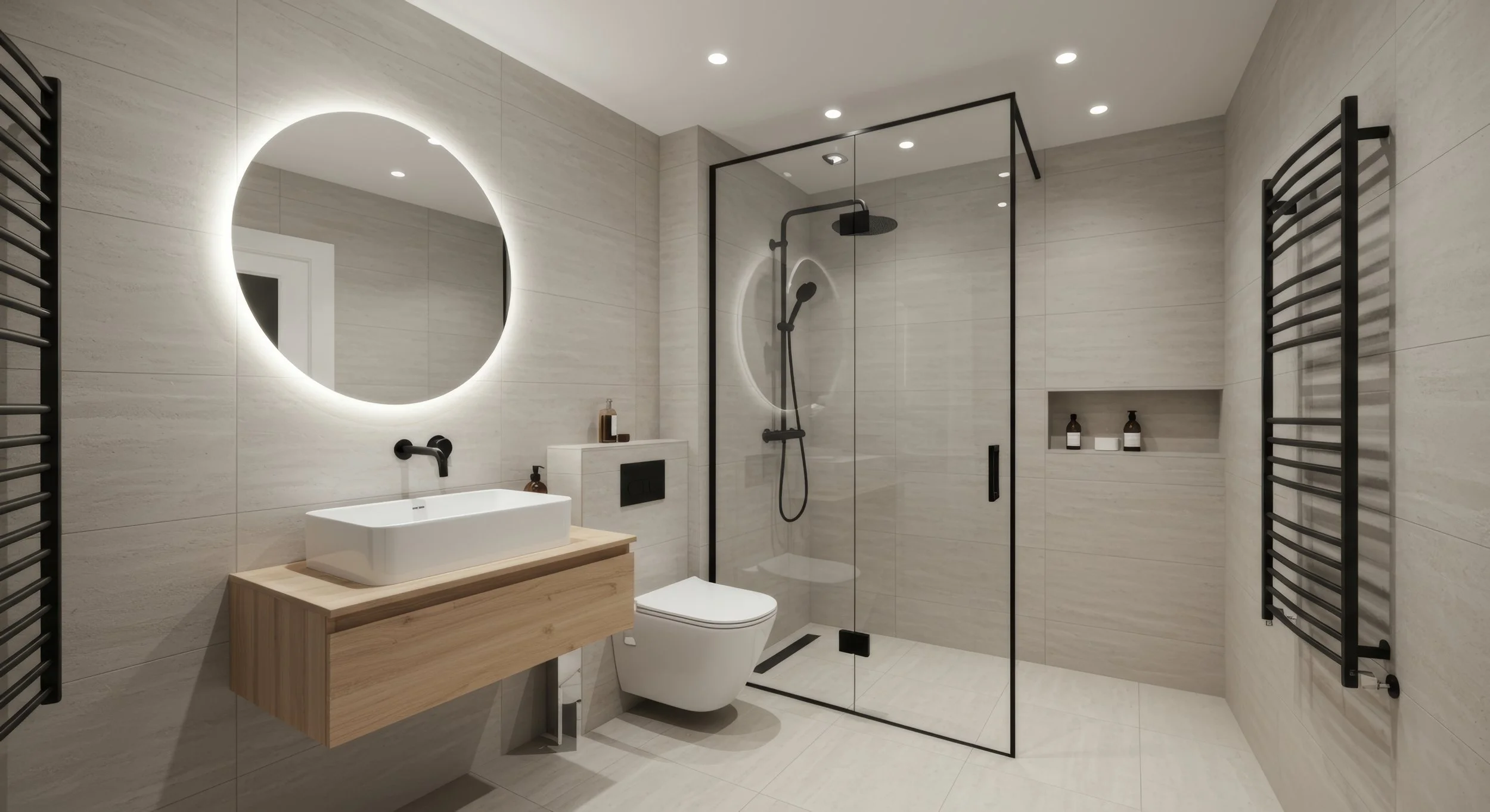 Modern bathroom renovation with custom shower, vanity and tile finishes