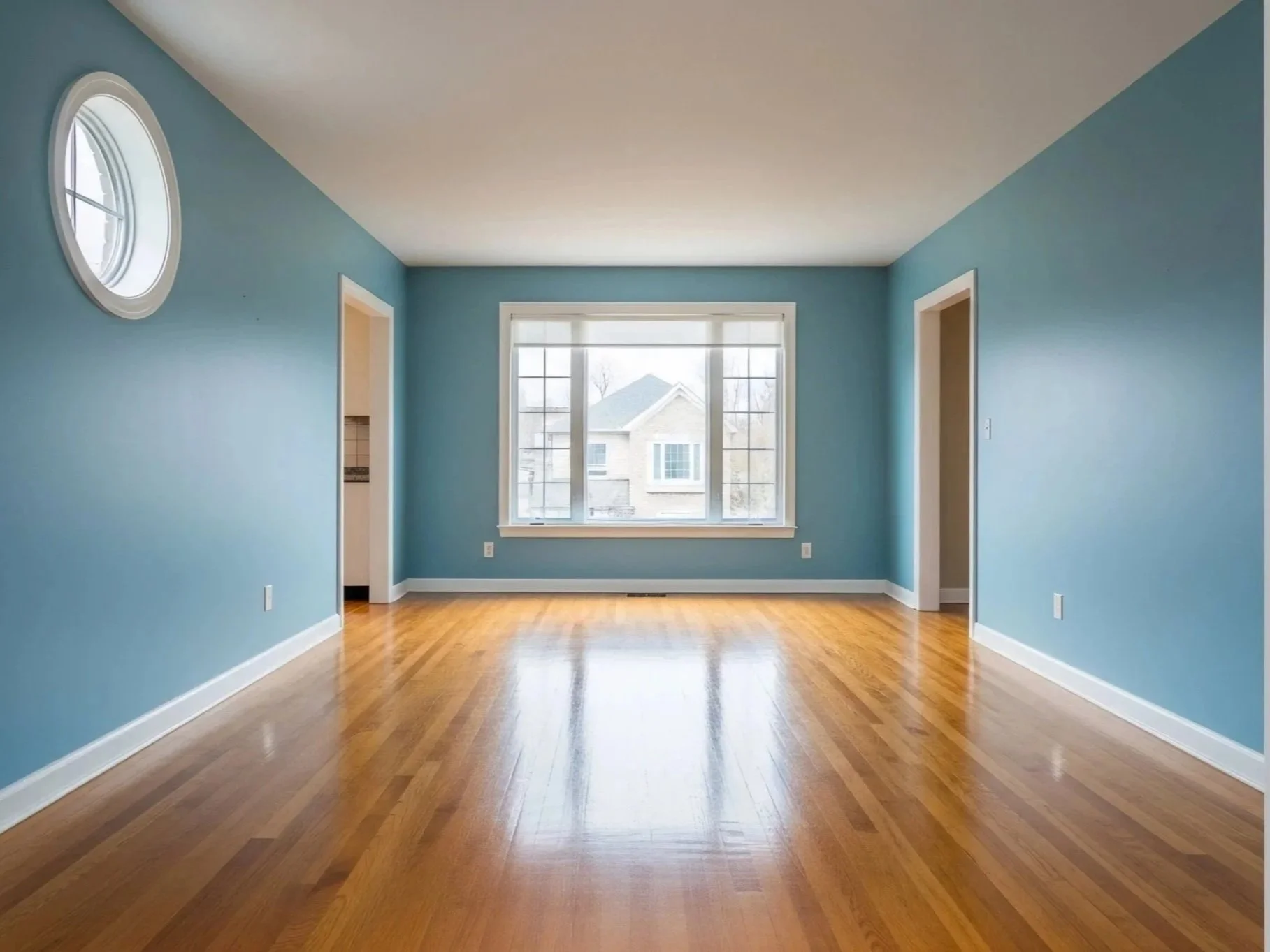 Freshly painted interior room with hardwood floors and natural light