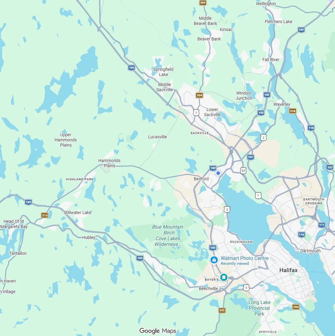 Map of Halifax, Nova Scotia, showing roads, lakes, and surrounding communities including Bedford, Sackville, and Dartmouth.