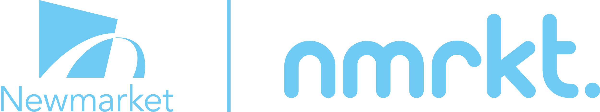 The image shows a logo with the words 'Newmarket' with a geometric rhombus, intersected by an arch in blue, separated by a vertical line from stylized text reading 'nmrkt'.