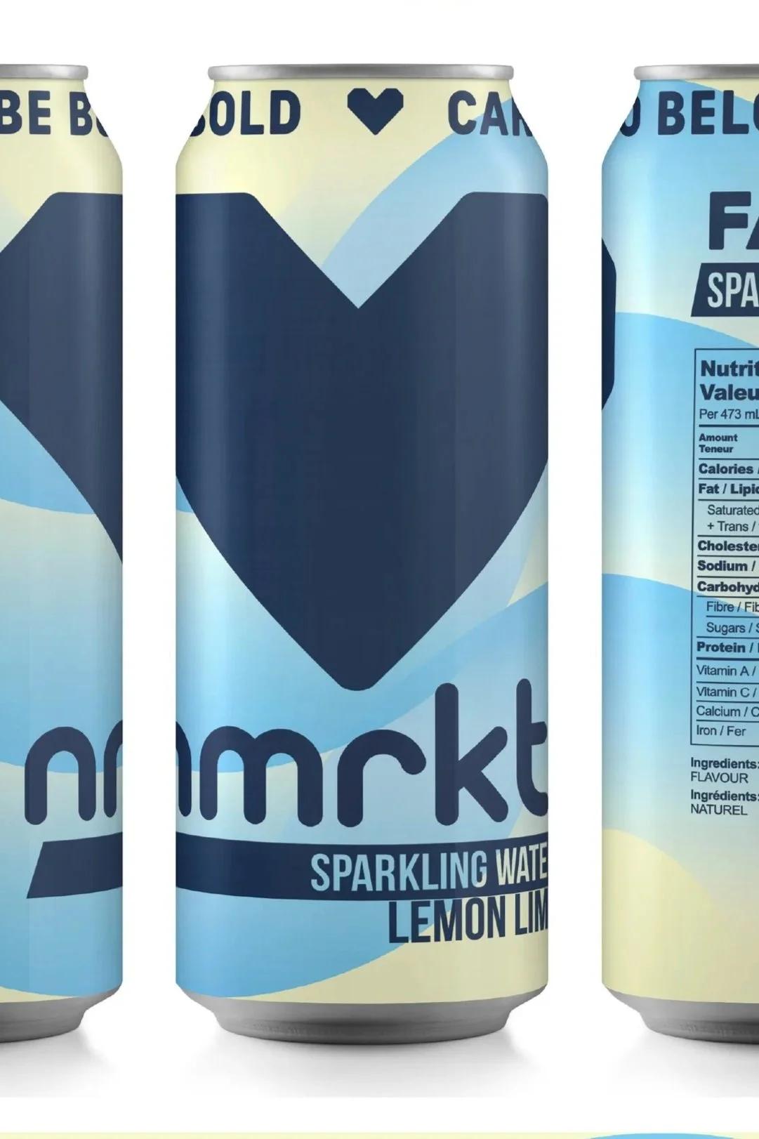 Cans of sparkling water with lemon and lime flavor, featuring a heart-shaped logo on the front.